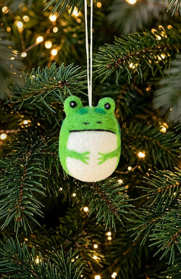 Felted wool Spotted Green Felt Frog Ornament with white belly. Fair trade and handmade in Nepal.