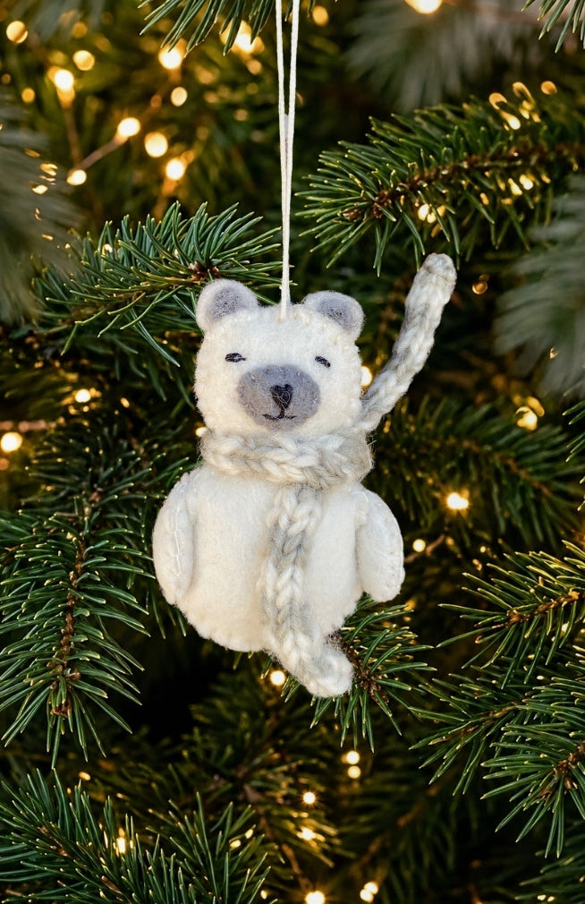 Hand felted white polar bear ornament with grey and white striped scarf. Handmade in Nepal. Fair trade. 