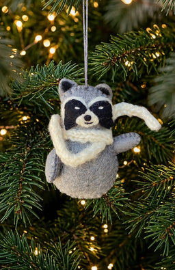 Raccoon with white scarf ornament, handmade in Nepal.