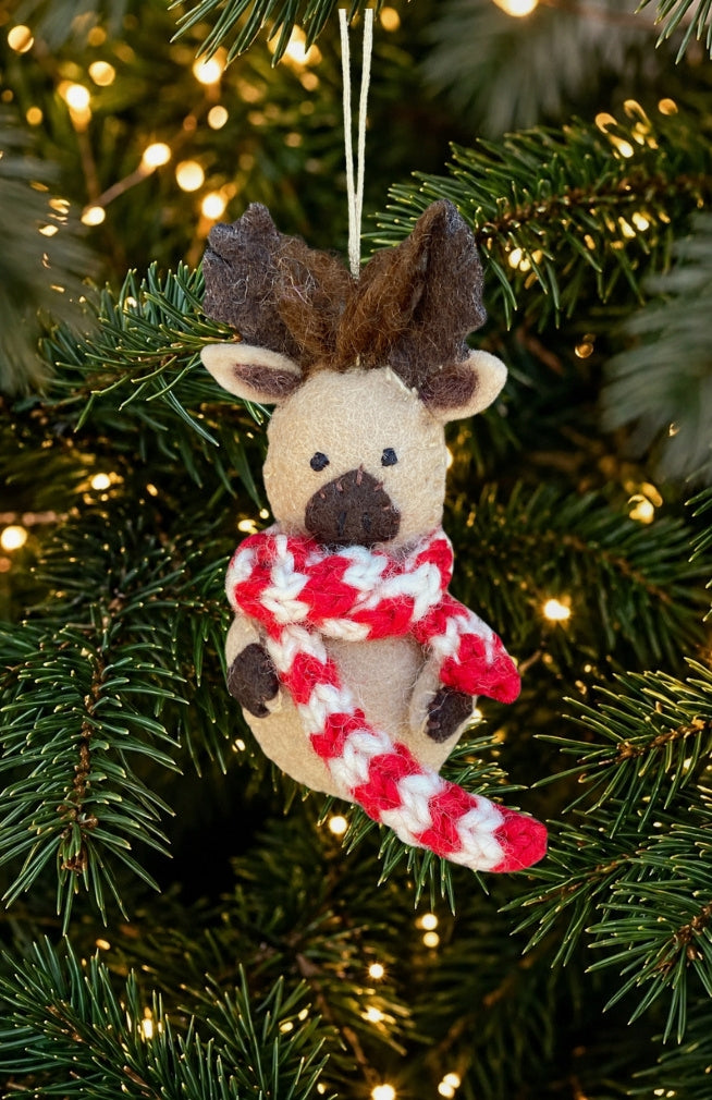 Hand felted moose ornament with red and white striped scarf. Handmade in Nepal. Fair trade.