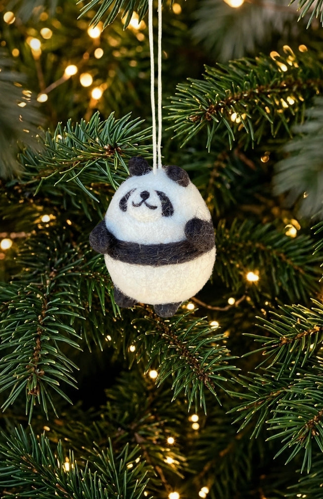 handmade small round panda bear ornament, handmade in Nepal.