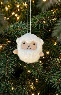 handmade small round fluffy white sheep ornament, handmade in Nepal.