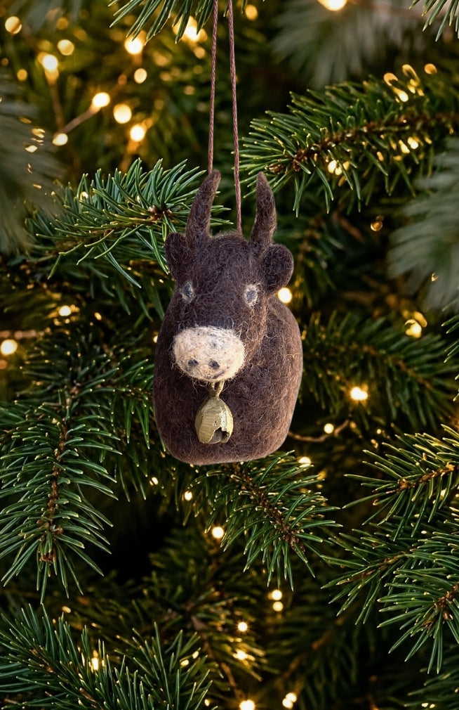 Hand felted dark brown yak ornament with bell. Handmade in Nepal. 