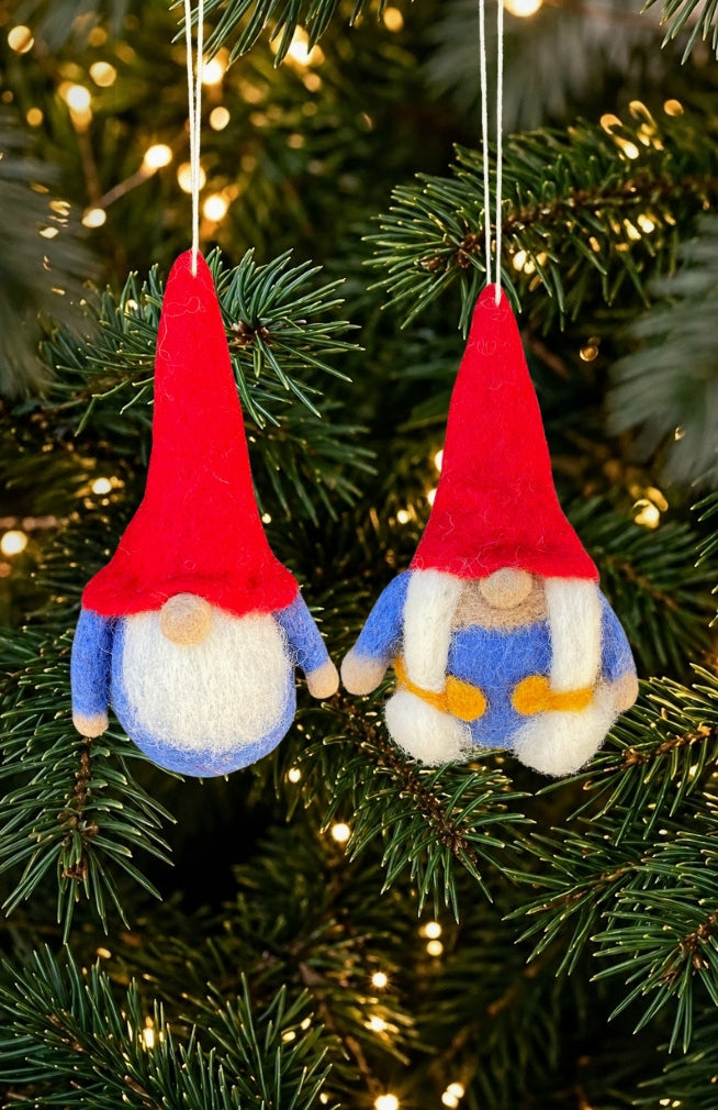 Hand Felted gnome ornaments, set of two. Fair trade and handmade in Nepal.