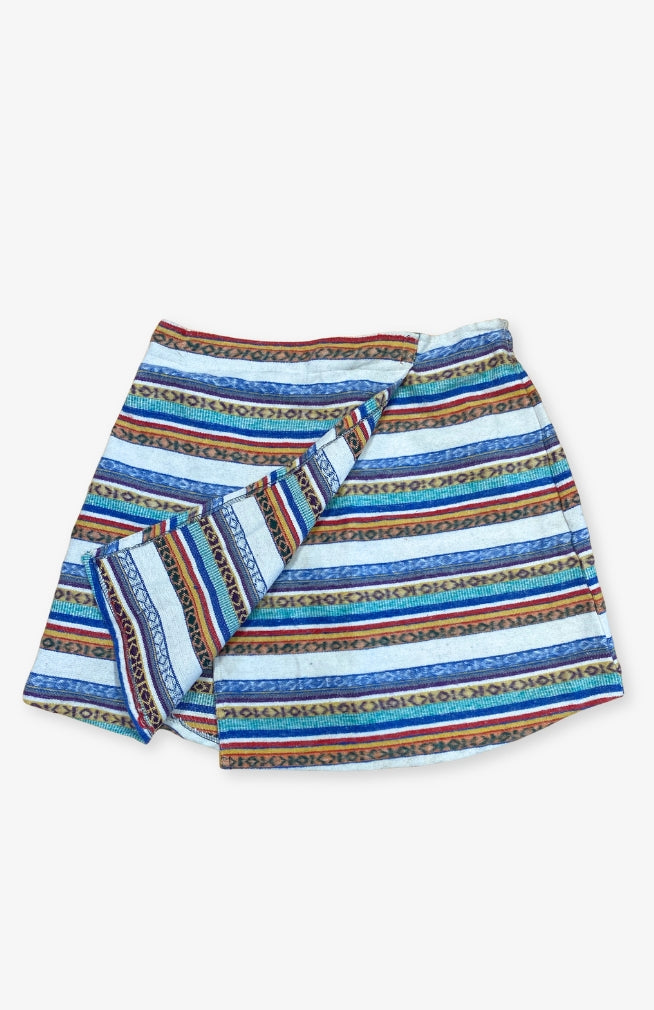 Soft brushed cotton short skirt with flap front and elastic waist, handmade by Artisans in Nepal.