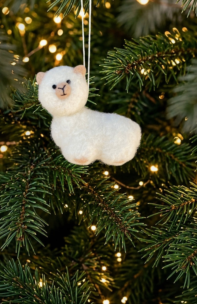 Felt alpaca ornament in white. Fair trade, handmade in Nepal.