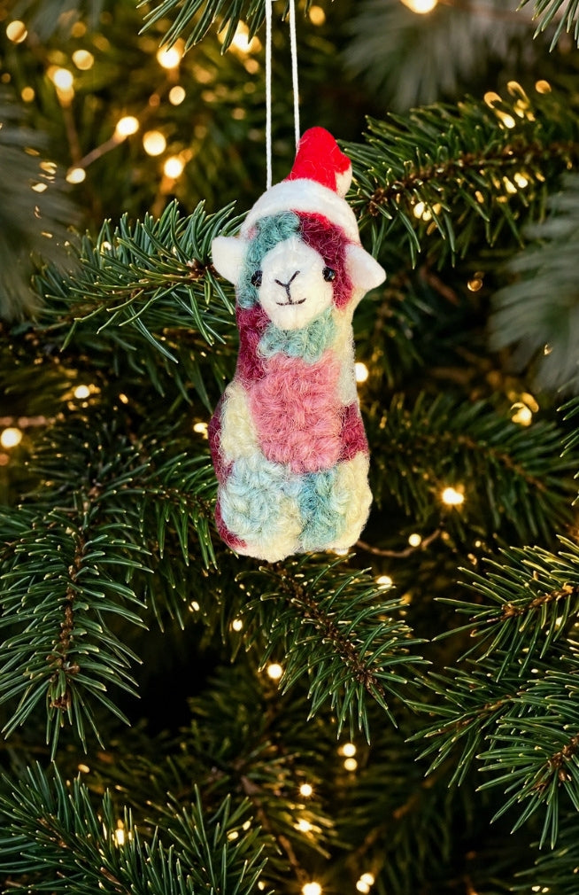 Colorful Felt Llama with Santa Hat Ornament, handmade in Nepal.