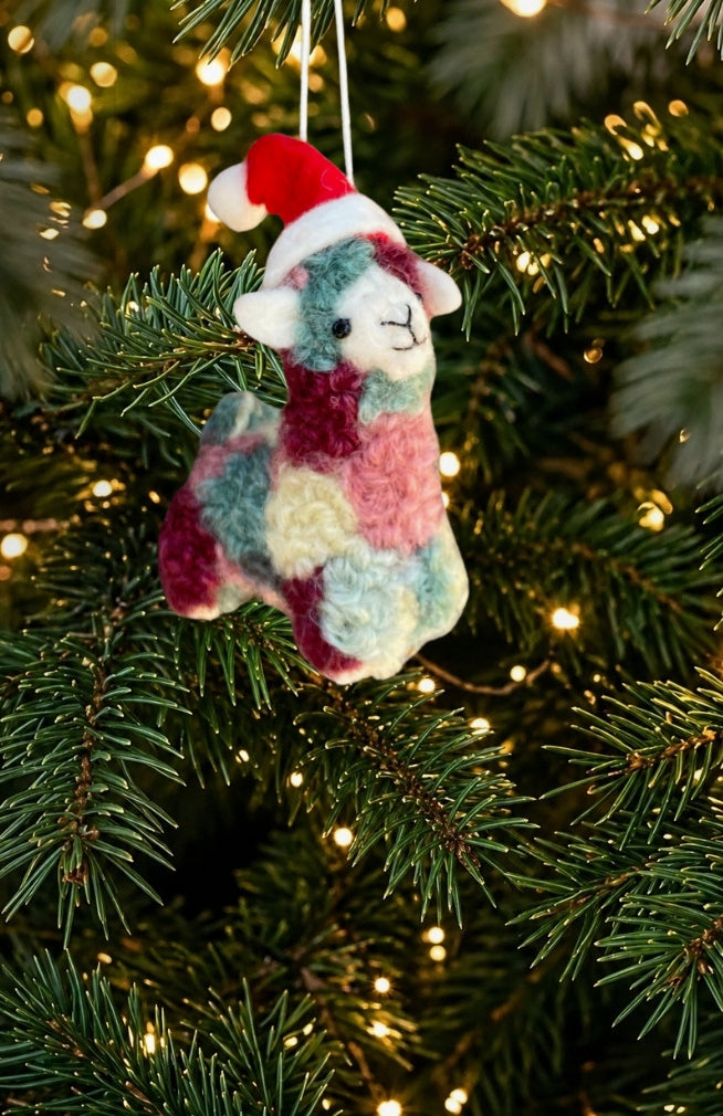 Colorful Felt Llama with Santa Hat Ornament, handmade in Nepal.