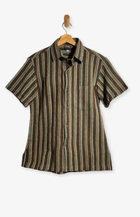 A handcrafted short-sleeve button-up shirt with vertical stripes in brown, beige, and black. Fair trade, unique, beautiful design. Handmade by artisans in Nepal,