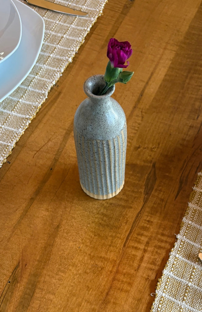 Small stoneware ceramic bud vase with stripes, handcrafted by artisans in Nepal.