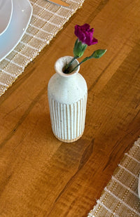 Small stoneware ceramic bud vase with stripes, handcrafted by artisans in Nepal.