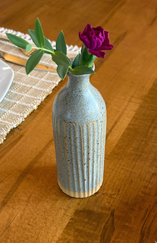 Large handmade stoneware vase with stripes, handcrafted by artisans in Nepal.