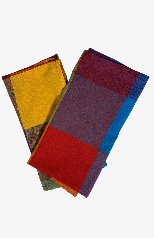 A rainbow/multicolor checked cloth napkin sold as a set of two, quick drying,  handmade in Nepal. 