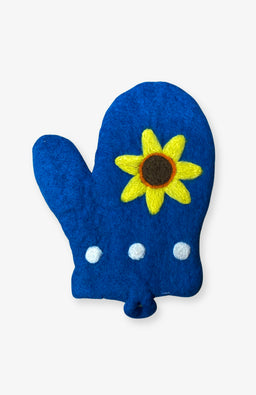 Hand felted oven mitt with sunflower needle design, handmade by artisans in Nepal. Fair Trade.