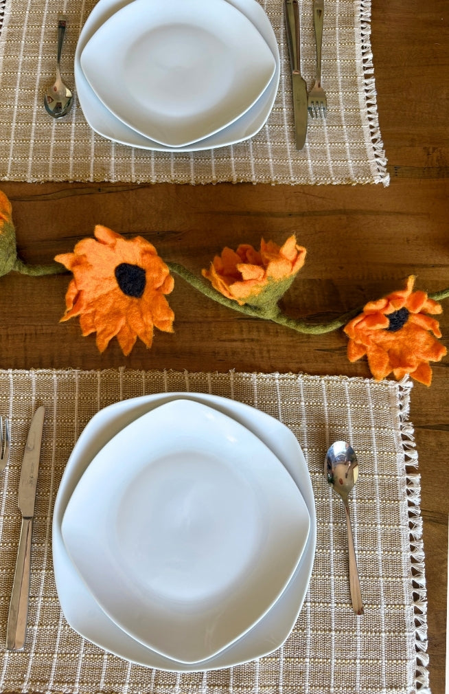 Handmade Felt Sunflower Garland with 10 sunflowers and green stem. Handmade in Nepal.