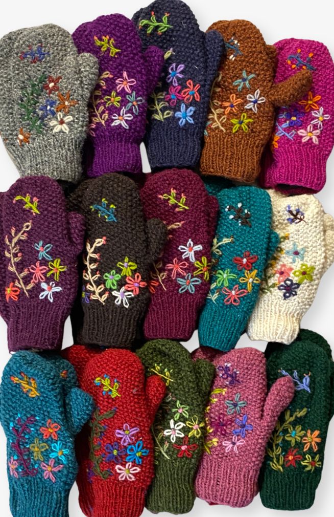 wool knit fleece lined embroidery fair trade Nepal mitten