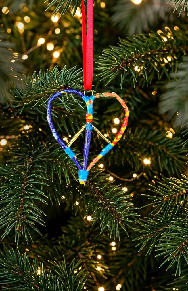 Handmade Peace Heart Ornament Upcycled fair trade handmade in Nepal.