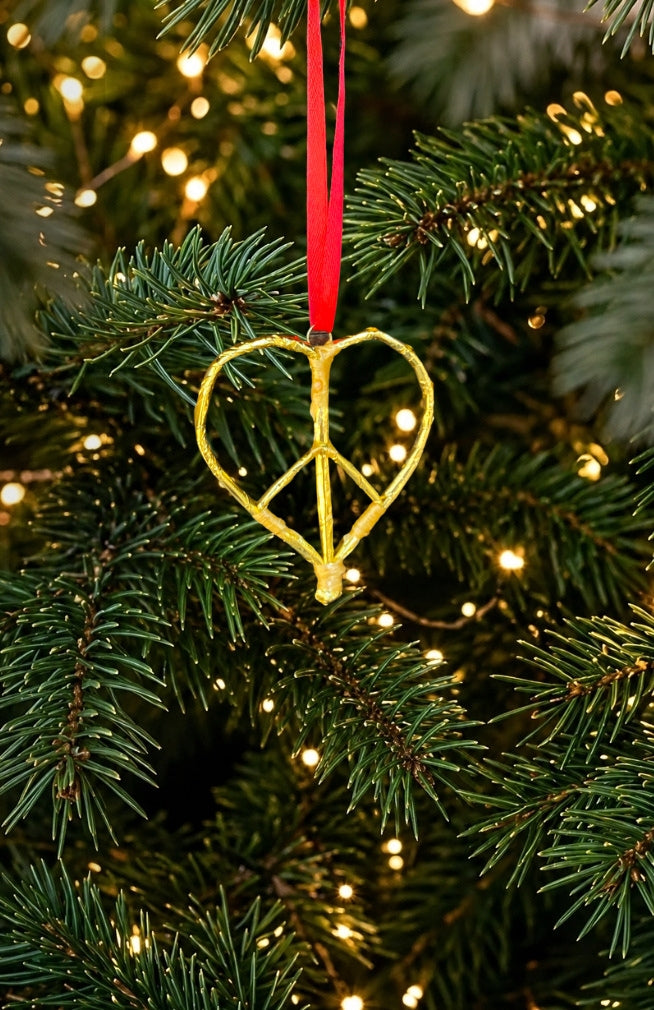 Handmade Peace Heart Ornament Upcycled fair trade handmade in Nepal.