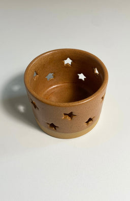 ceramic tea light holder with star cut out design, fair trade Nepal