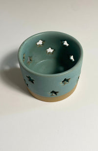 ceramic tea light holder with star cut out design, fair trade Nepal