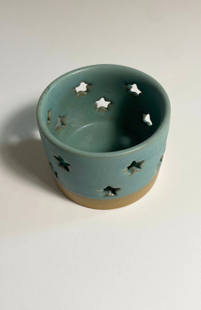 ceramic tea light holder with star cut out design, fair trade Nepal