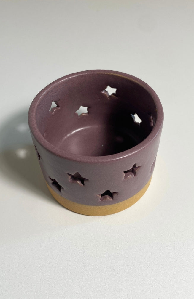 ceramic tea light holder with star cut out design, fair trade Nepal