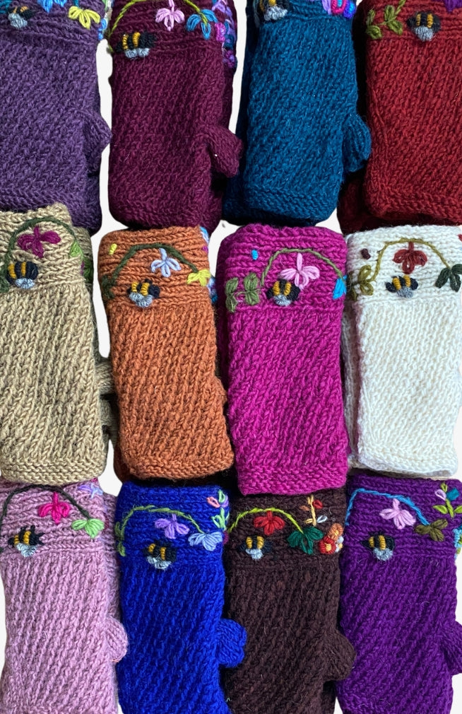 solid knit fingerless handwarmer fleece lined bees fair trade Nepal