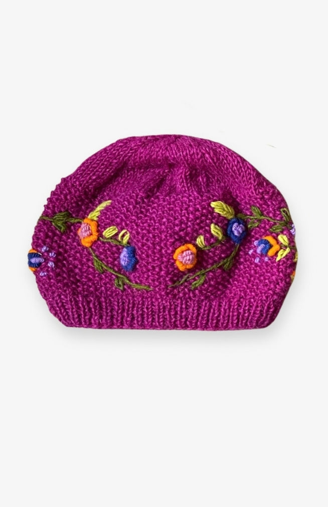 Handmade Wool Knit Embroidered Beanie Hat, Fleece Lined. Fair Trade, Handmade by artisans in Nepal.