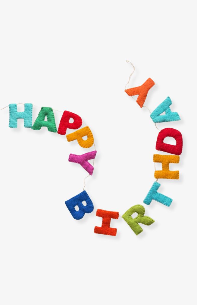 A colorful 'HAPPY BIRTHDAY' felt letter garland. Fair trade and handmade in Nepal.