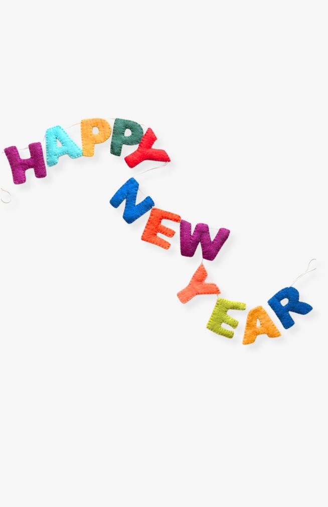 A colorful 'Happy New Year' felt banner with multi-colored letters on a white string with loops for hanging