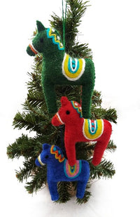 Handmade felted wool horse ornament with Nordic stitched design. Fair Trade Nepal.