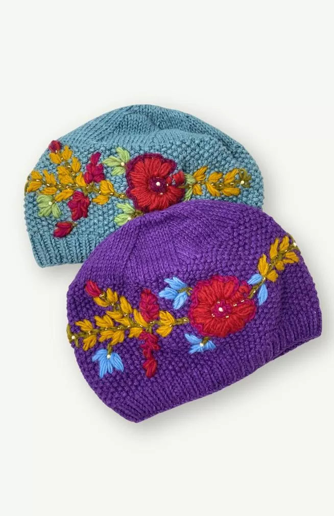 cotton fleece lined hat, beanie, embroidered, fair trade Nepal