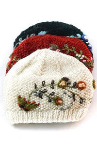 Handmade Wool Knit Embroidered Beanie Hat, Fleece Lined