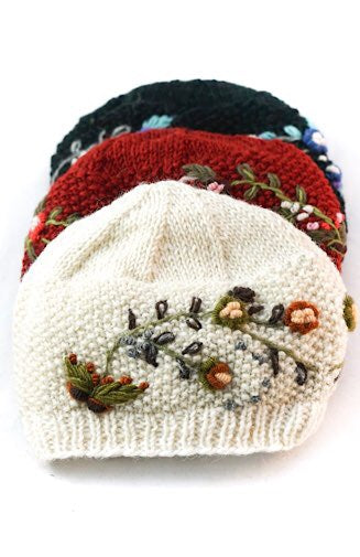 Handmade Wool Knit Embroidered Beanie Hat, Fleece Lined