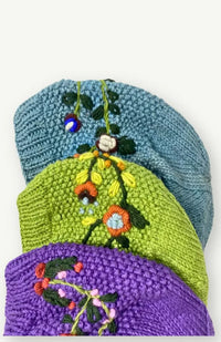 cotton fleece lined hat, beanie, flower embroidery, fair trade Nepal