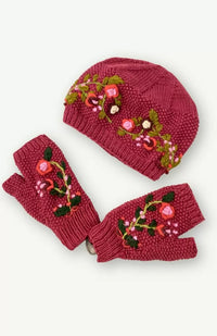 Cotton fleece lined hat with flower embroidery, fair trade Nepal
