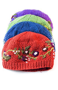 Cotton Knit Hat w/Flower & Vine Embroidery, Fleece Lined