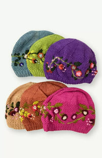 Cotton fleece lined hat, beanie, flower embroidered, fair trade Nepal