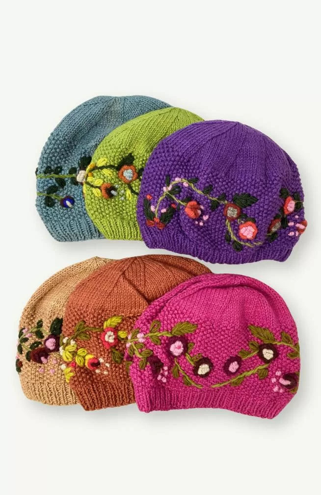 Cotton fleece lined hat, beanie, flower embroidered, fair trade Nepal