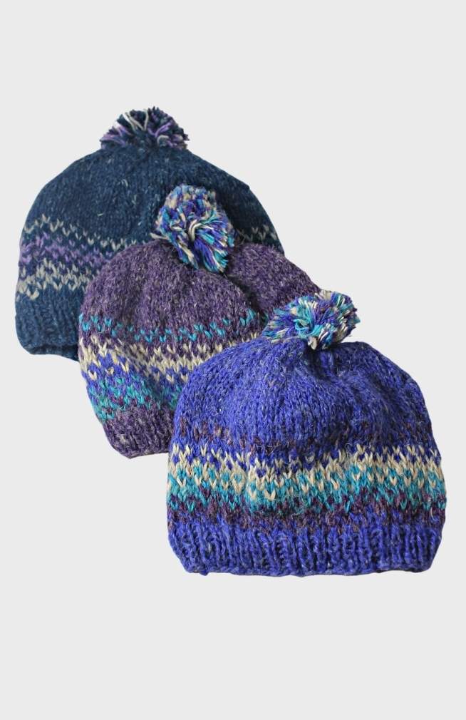 Hemp/wool knit hat with fleece lining, pom pom, fair trade Nepal