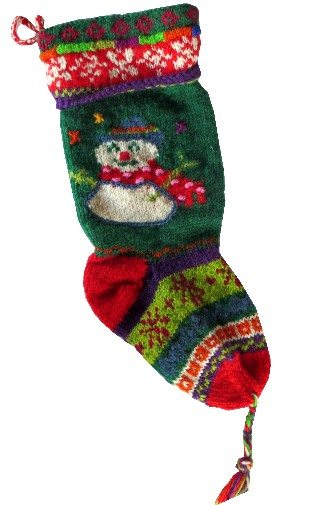 Hand Knit Christmas Stocking w Snowman & Snow Flakes