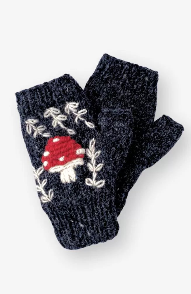 knit fingerless gloves with embroidered mushroom design fair trade Nepal