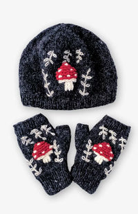 knit fingerless gloves, hat, with embroidered mushroom design fair trade Nepal