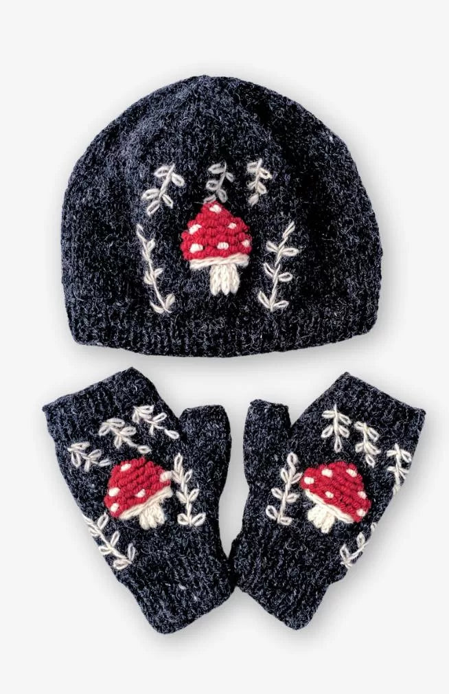 knit fingerless gloves, hat, with embroidered mushroom design fair trade Nepal