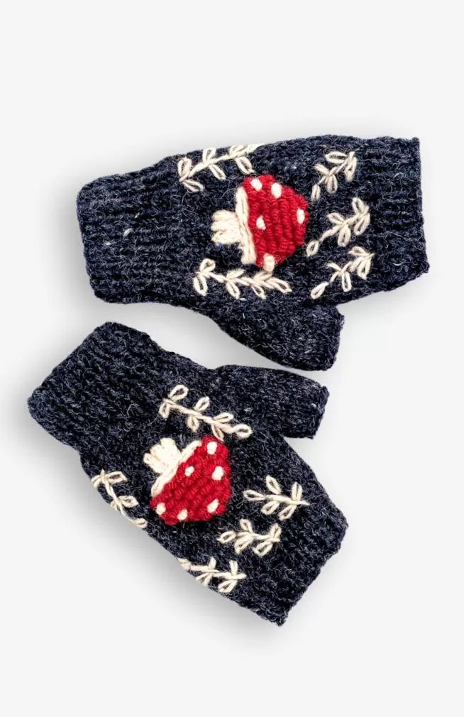 knit fingerless gloves with embroidered mushroom design fair trade Nepal