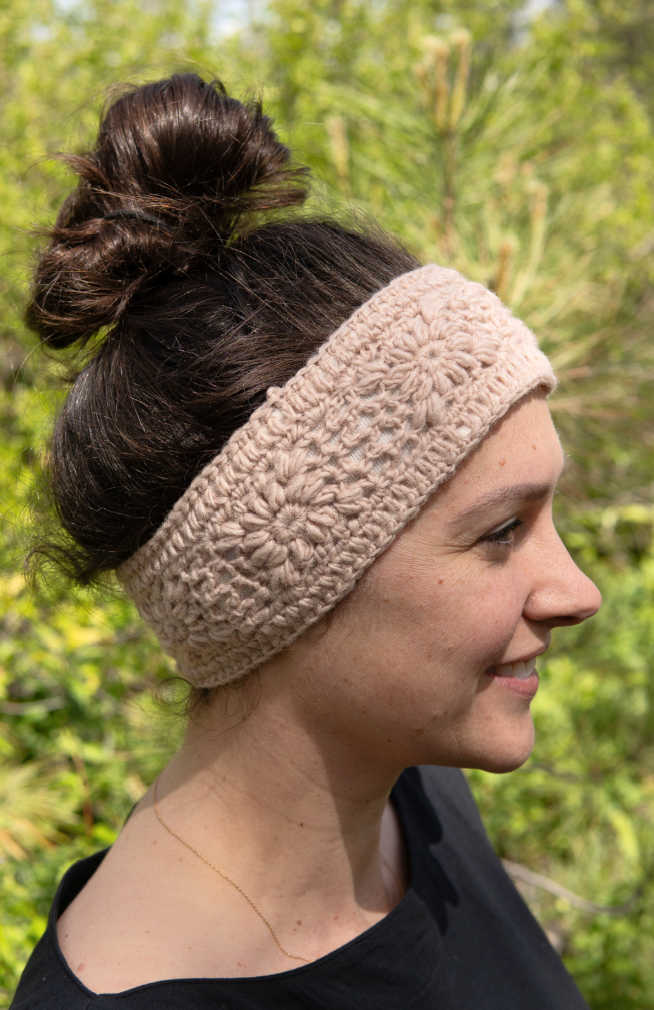 Crocheted Wool Headband, Fleece Lined