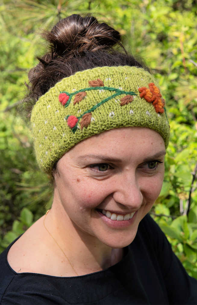 Wool Knit Headband w/ Flower Embroidery, Fleece Lined