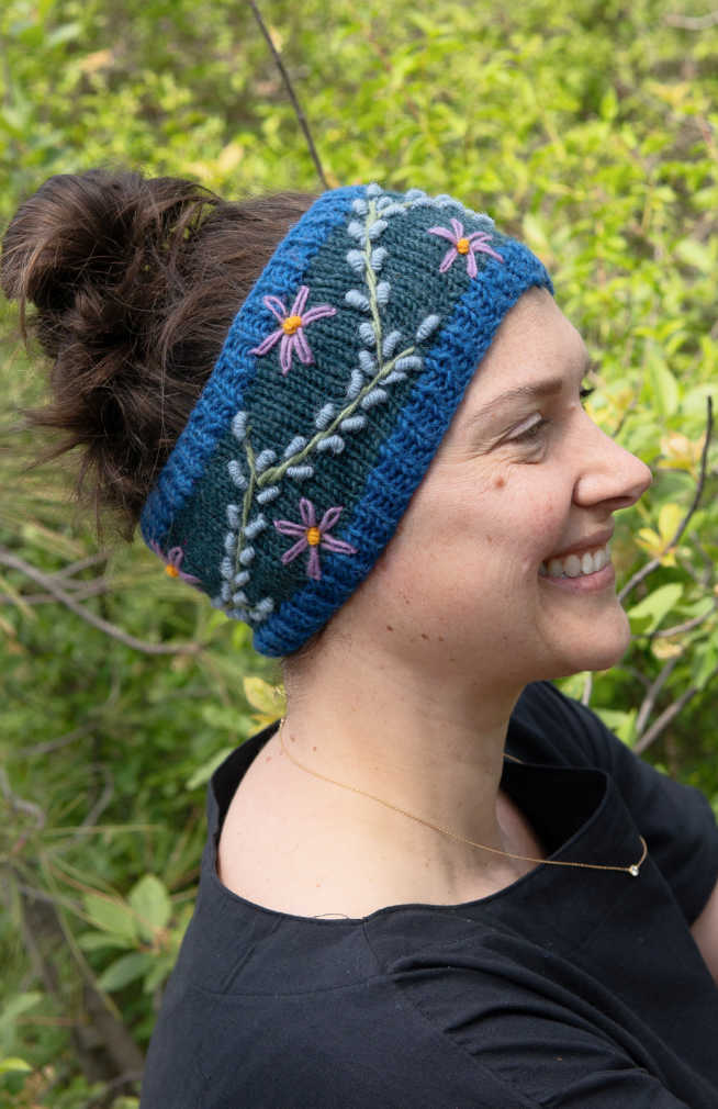 Wool Knit Headband w/Vine Embroidery, Fleece Lined