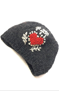 Hand Made Wool Knit Hat w/Heart Design, Fleece Lined