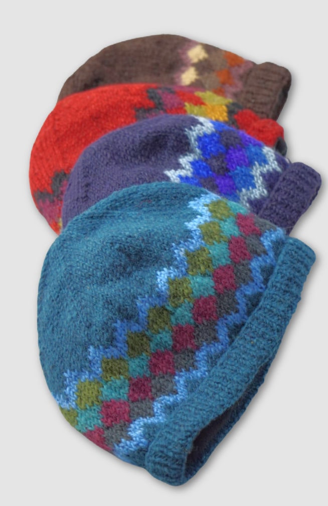Wool knit hat with fleece lining, diamond design, fair trade Nepal